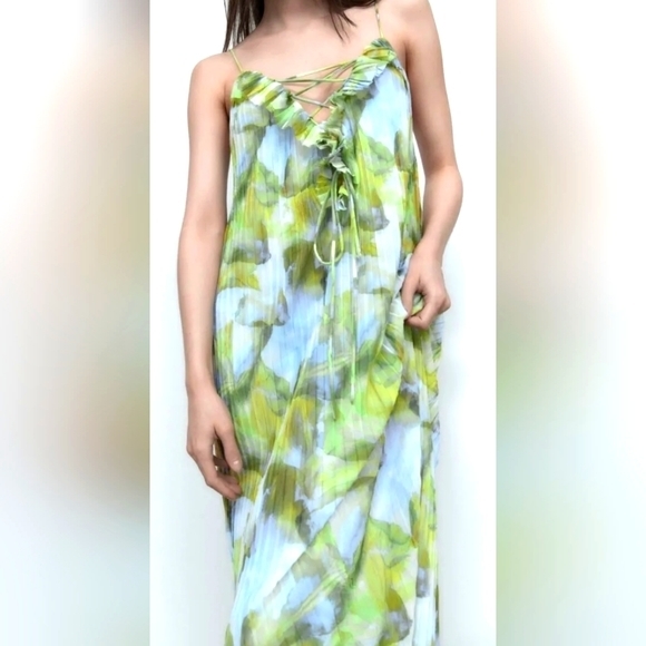 NWT ZARA Tulle spaghetti strap long teal light green cross tie v neck down front - Picture 2 of 13